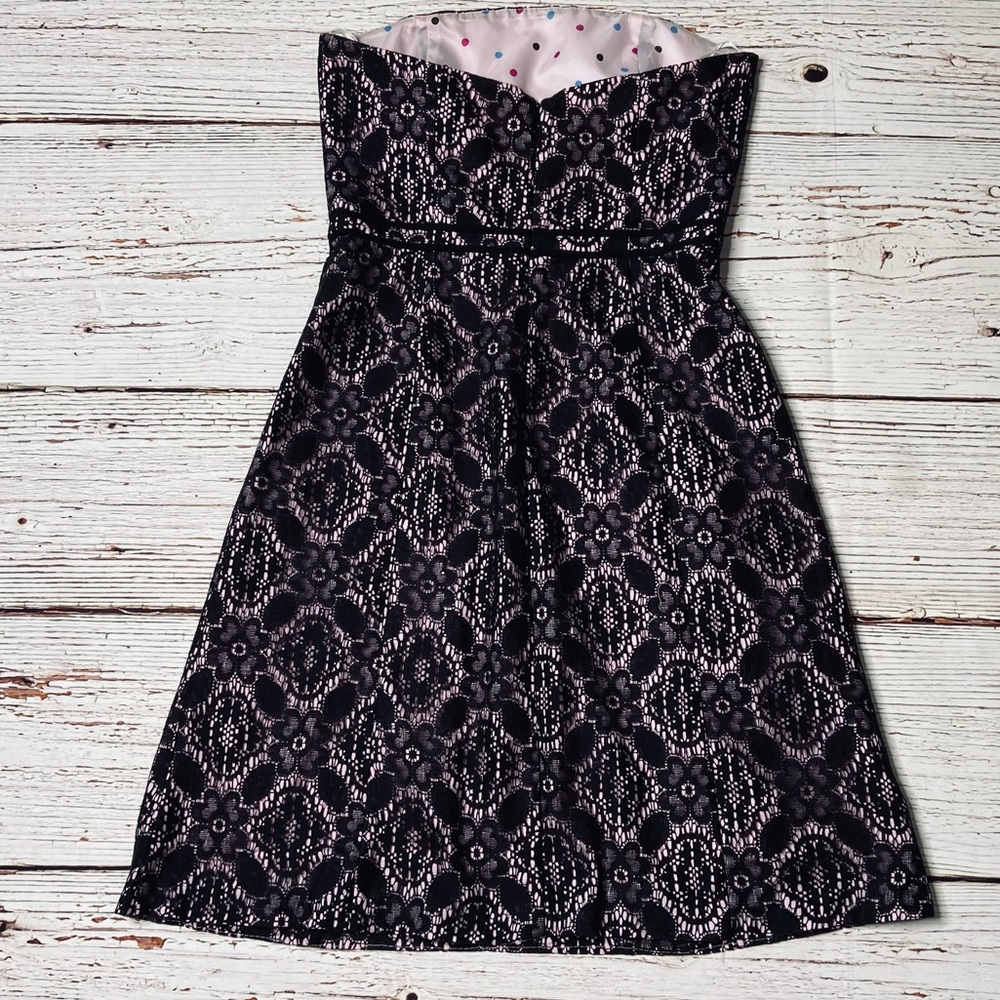 Helen Wang NYC Pink with Black Lace Strapless Fit and Flare Dress Sz 4 - Picture 10 of 16